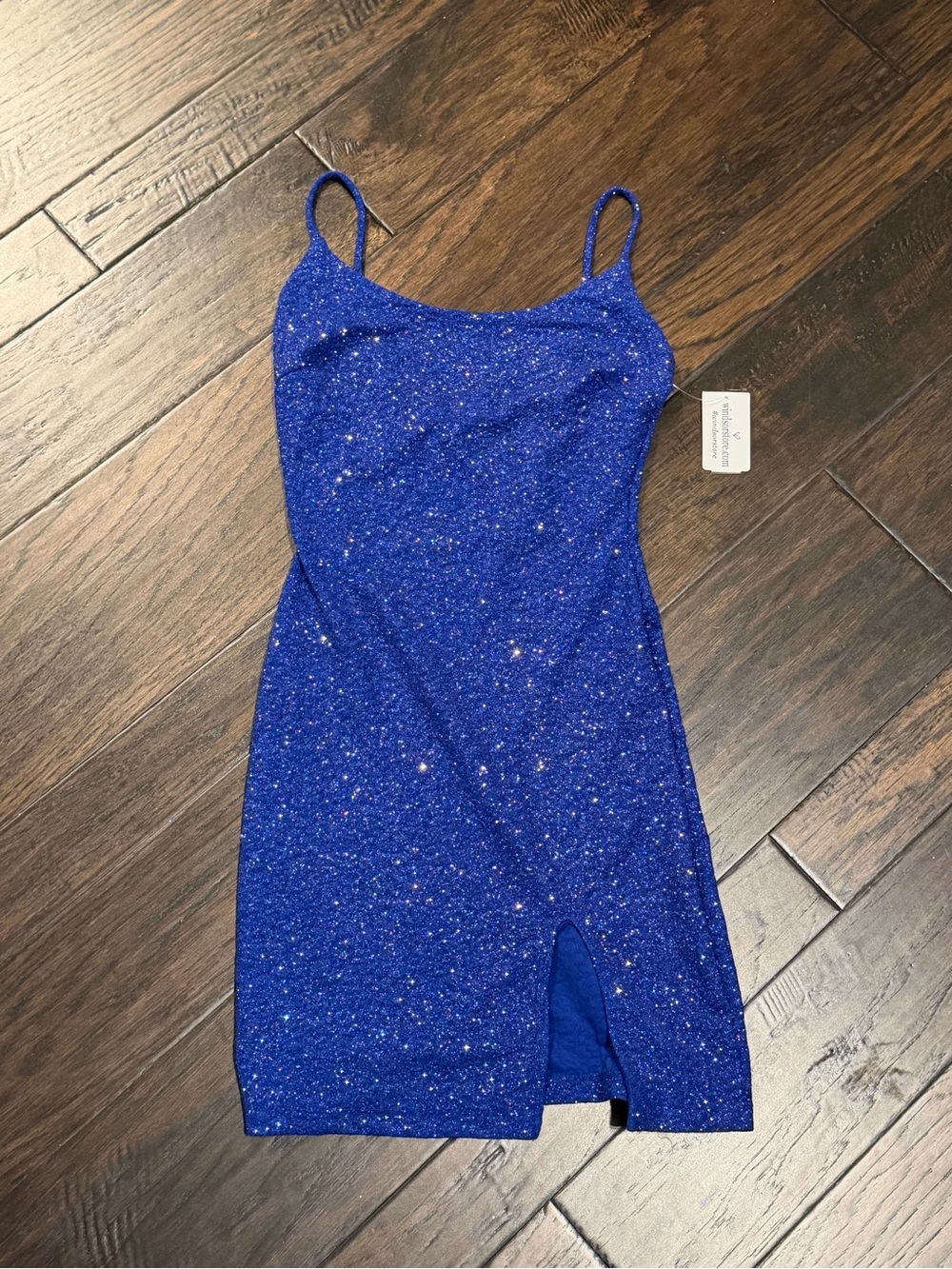 Windsor blue glitter spaghetti strap dress with front slip nwt